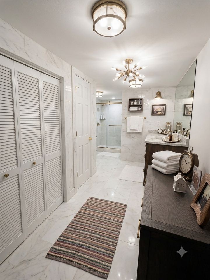 Marble bathroom with brass fixtures and walk-in shower