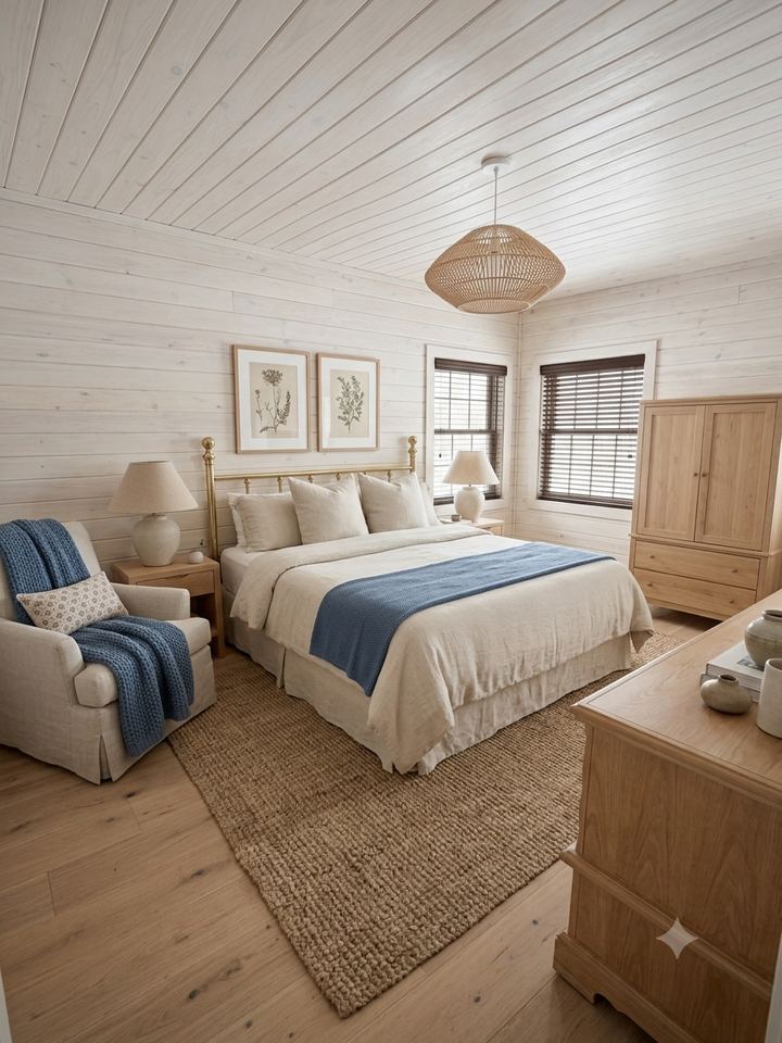 Primary bedroom with brass bed and designer linens
