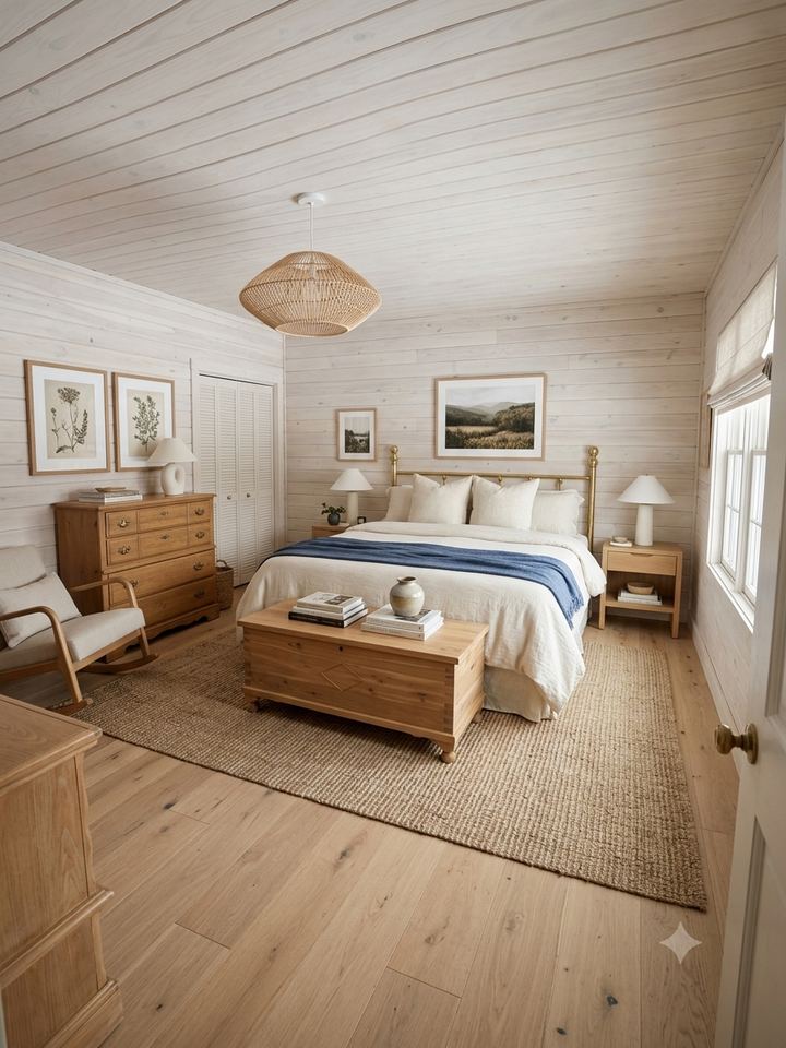 Guest bedroom with mountain-view artwork and warm wood furnishings