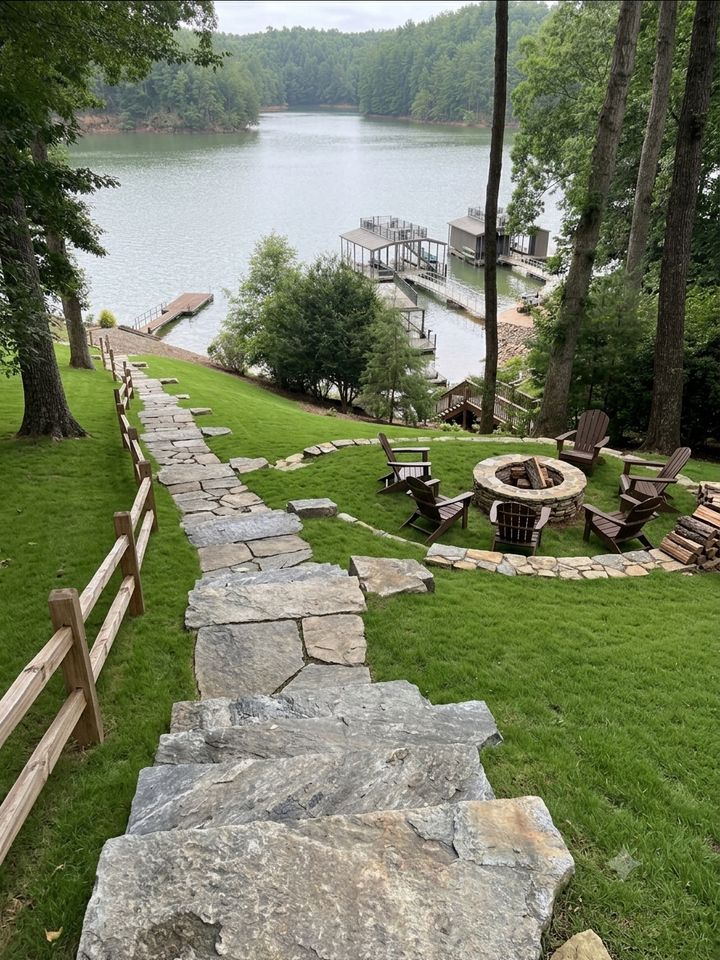 Stone path leading to the lakeside fire pit and private dock at Ritzy Cove