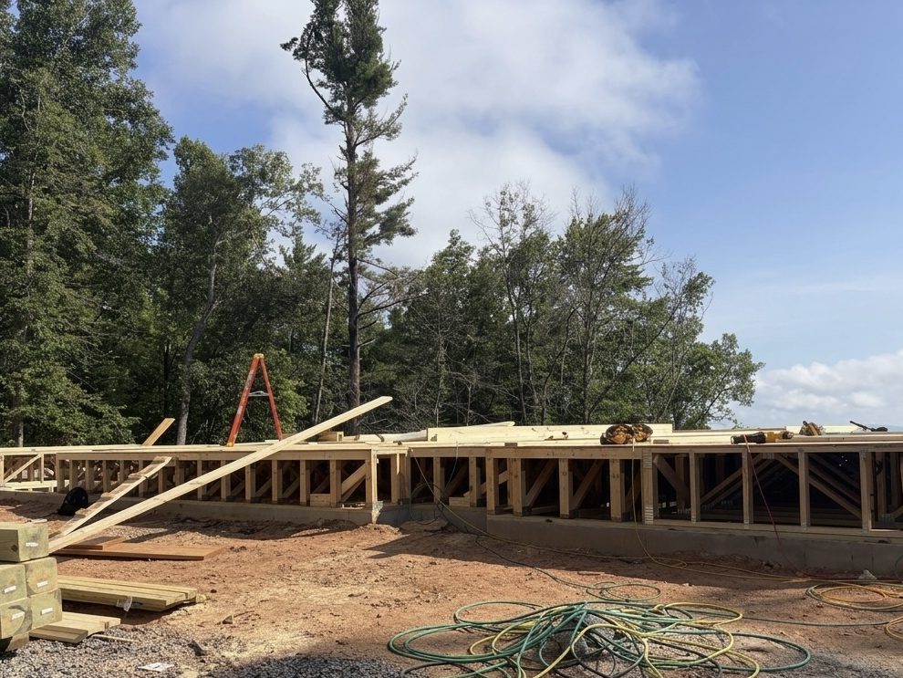 First framing walls rising from the Ritzy Ridge foundation under a blue sky