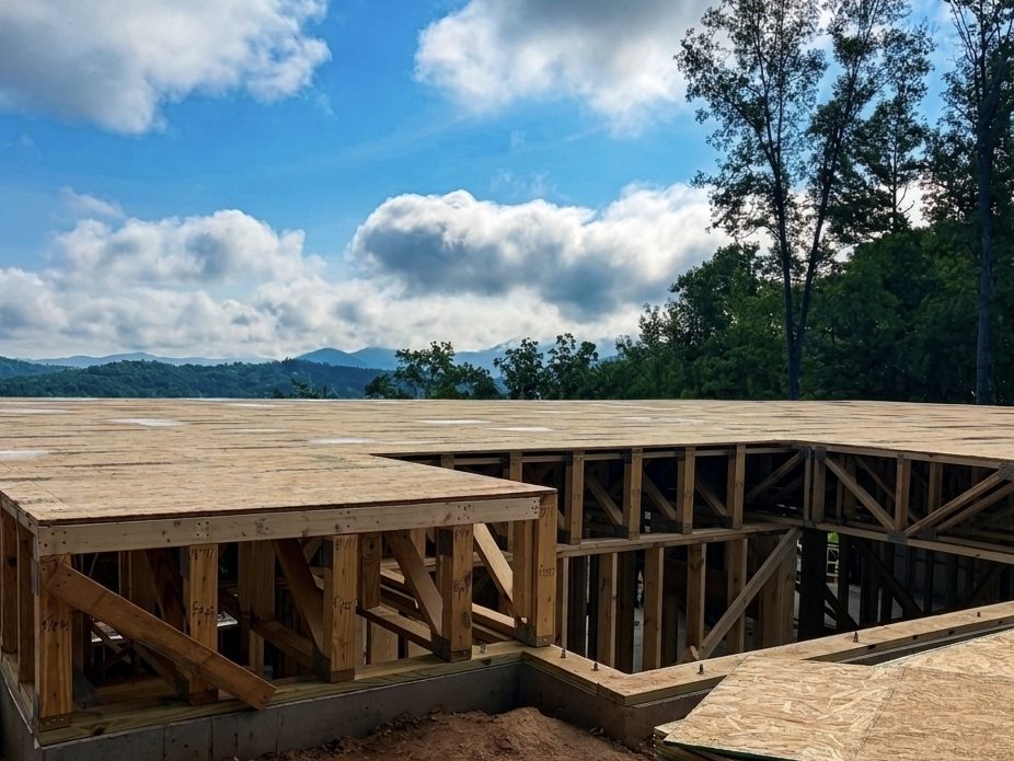 Framed walls and floor deck of Ritzy Ridge overlooking the Blue Ridge valley