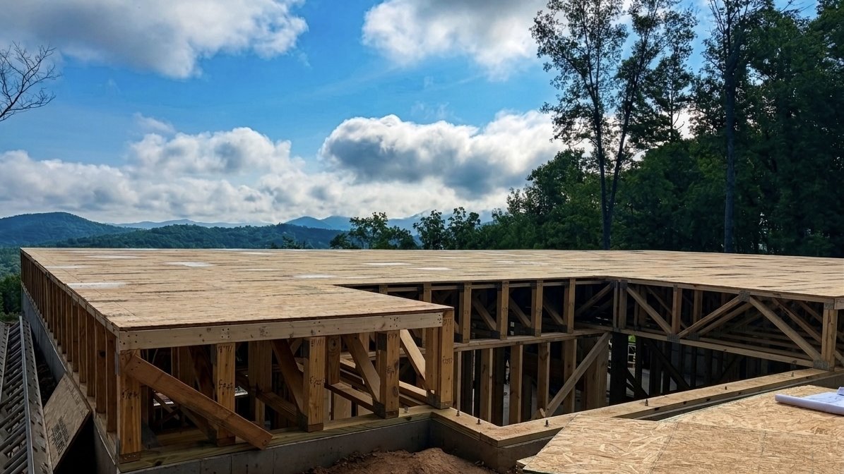 Ritzy Ridge framing rising over the Blue Ridge valley — walls up, view locked in