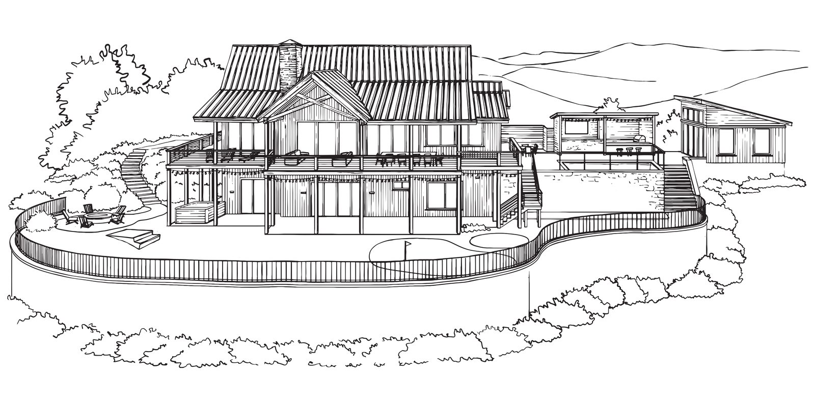 Architect's concept sketch of the finished Ritzy Ridge: wraparound deck, fire-pit circle, putting green, and pool terrace with pavilion against the mountain ridgeline